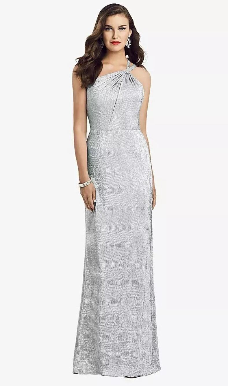 2857NWT Dessy Collection 3064 One-Shoulder Twist Metallic Trumpet Gown Silver 14
